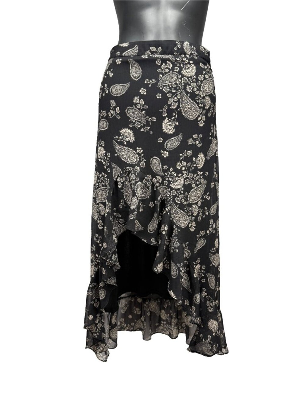 SADIE & SAGE Paisley Floral Asymmetrical Ruffle Sheer Black Beige Midi Skirt S